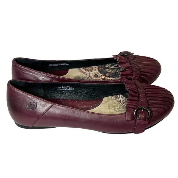 Born Maroon Ruffled Pleated Braided Strap Buckle Classic Ballet Flats Size 10 - Picture 4 of 7